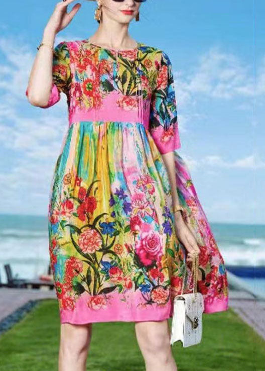 Bohemian Rose O-Neck Print Patchwork Silk Beach Dresses Short Sleeve