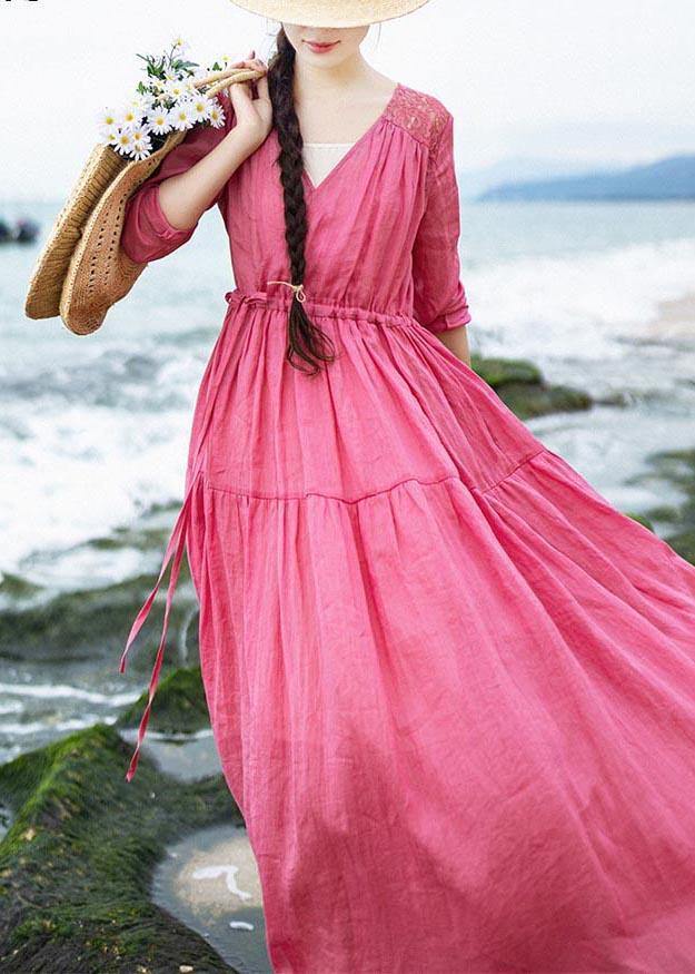 Bohemian Rose Patchwork Lace Pockets Maxi Summer Linen Dress - SooLinen