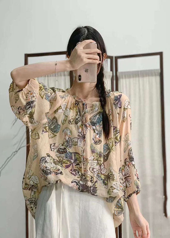 Bohemian Rose Ruffled Print Patchwork Linen Shirt Tops Summer