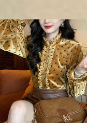 Bohemian Ruffled Patchwork Dot Print Button Silk Velour Shirt Long Sleeve