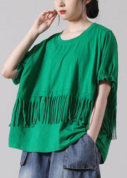 Bohemian Solid Green O-Neck Patchwork Cotton Tank Tops Short Sleeve