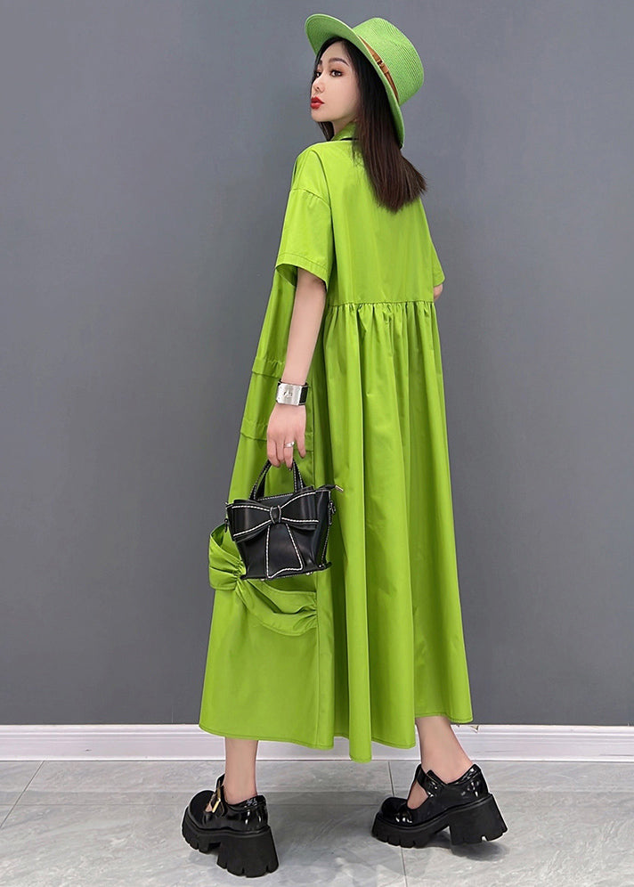 Bohemian Solid Green Peter Pan Kragen Patchwork übergroßes Kleid mit kurzen Ärmeln