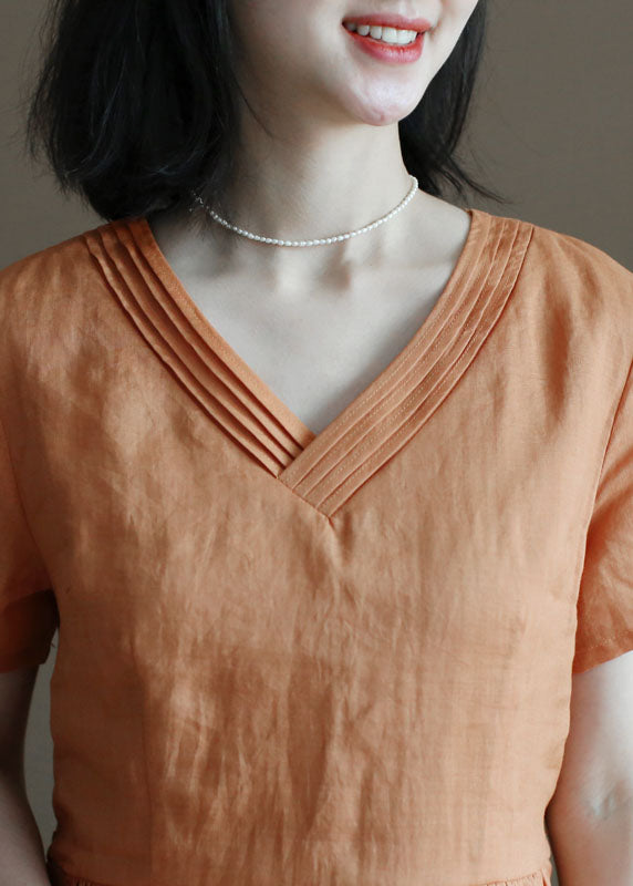 Bohemian Solid Orange V Neck Wrinkled Linen Cinch Dress Short Sleeve