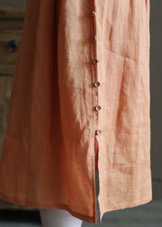 Bohemian Solid Orange V-Ausschnitt, zerknittertes Leinen-Cinch-Kleid mit kurzen Ärmeln