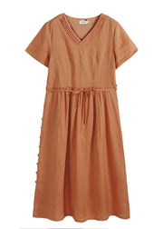 Bohemian Solid Orange V-Ausschnitt, zerknittertes Leinen-Cinch-Kleid mit kurzen Ärmeln