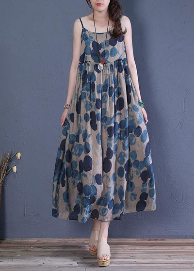 Bohemian Spaghetti Strap Cinched cotton dresses Runway blue print A Line Dress - SooLinen