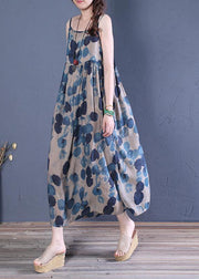 Bohemian Spaghetti Strap Cinched cotton dresses Runway blue print A Line Dress - SooLinen