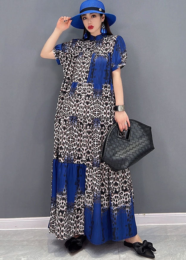 Bohemian Stand Collar Leopard Print Wrinkled Long Dress Short Sleeve