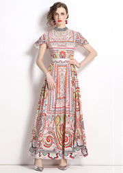 Bohemian Stand Collar Print Wrinkled Patchwork Chiffon Maxi Dresses Summer