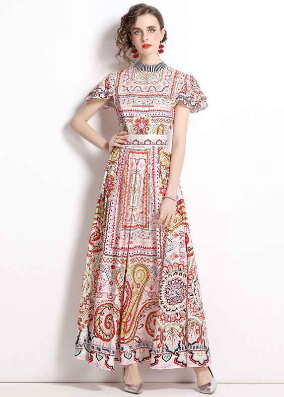 Bohemian Stand Collar Print Wrinkled Patchwork Chiffon Maxi Dresses Summer