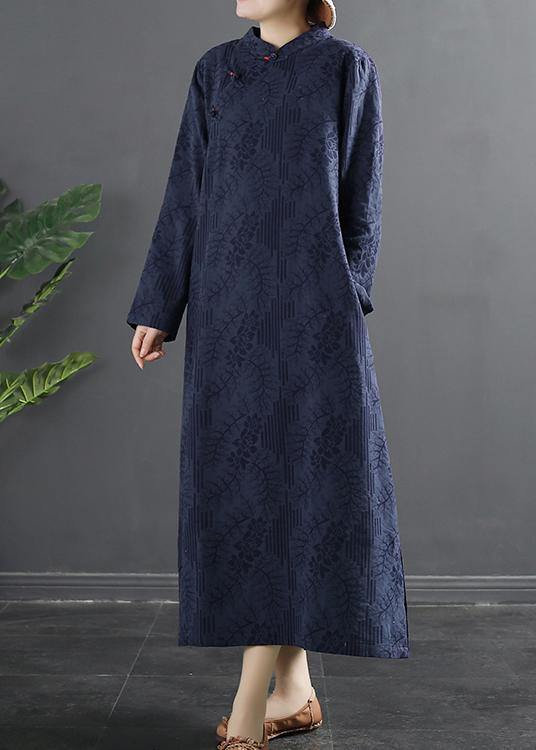 Bohemian Stand Collar dress Blue Jacquard Maxi Dresses - SooLinen