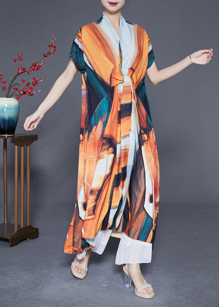 Bohemian V Neck Lace Up Print Silk Holiday Dress Summer