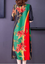 Bohemian V Neck Patchwork Print Button Silk Maxi Dresses Short Sleeve