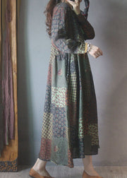 Bohemian V Neck Wrinkled Patchwork Linen Maxi Dresses Long Sleeve