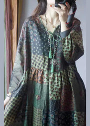 Bohemian V Neck Wrinkled Patchwork Linen Maxi Dresses Long Sleeve
