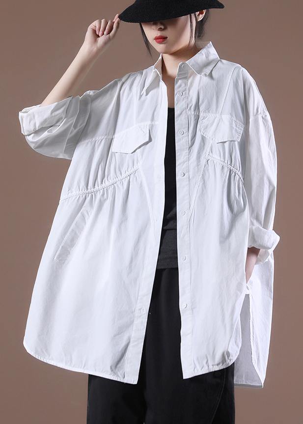Bohemian White Asymmetrical Print Shirt Long Sleeve - SooLinen