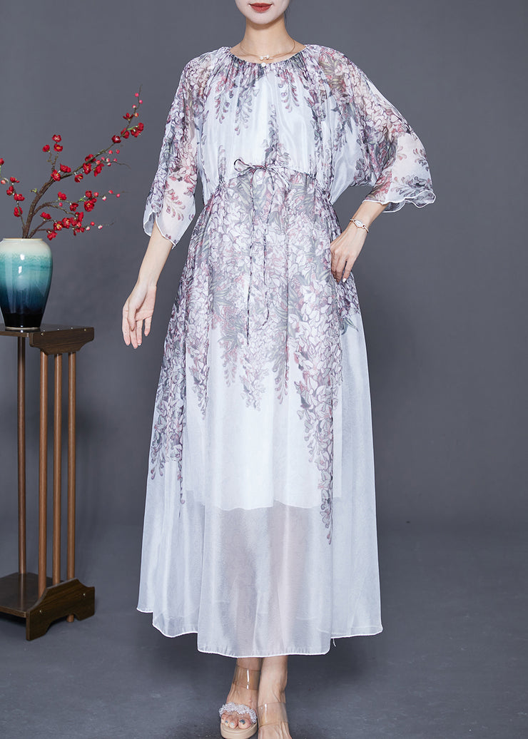Bohemian White Cinched Print Silk Long Dress Summer