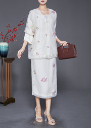 Bohemian White Embroidered Chinese Button Silk Two-Piece Set Fall