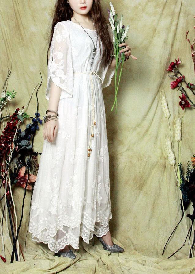 Bohemian White Embroidered Cold Shoulder Lace Long Dresses Spring