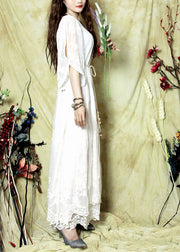 Bohemian White Embroidered Cold Shoulder Lace Long Dresses Spring