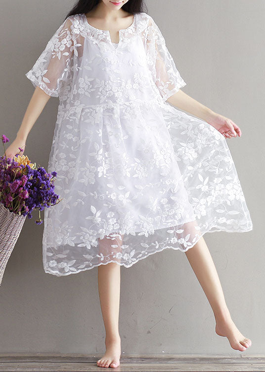Bohemian White Embroidered Lace Patchwork Tulle Mid Dress Summer