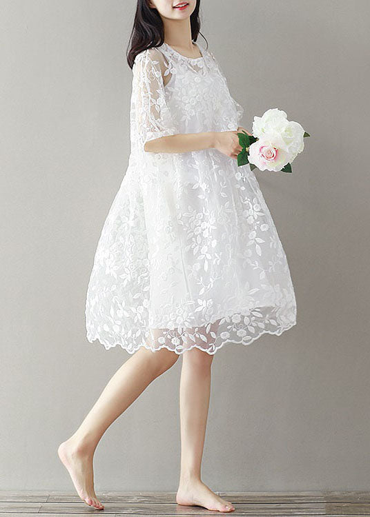 Bohemian White Embroidered Lace Patchwork Tulle Mid Dress Summer