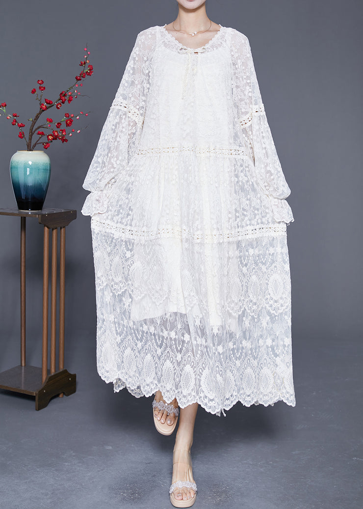 Bohemian White Embroidered Patchwork Hollow Out Lace Maxi Dress Lantern Sleeve