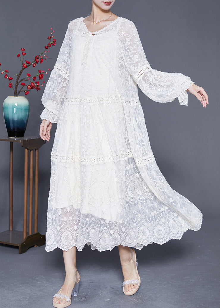 Bohemian beige Embroidered Patchwork Hollow Out Lace Maxi Dress Lantern Sleeve