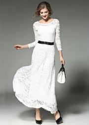Bohemian White Hollow Out Embroidered Sashes Lace Long Dresses Summer