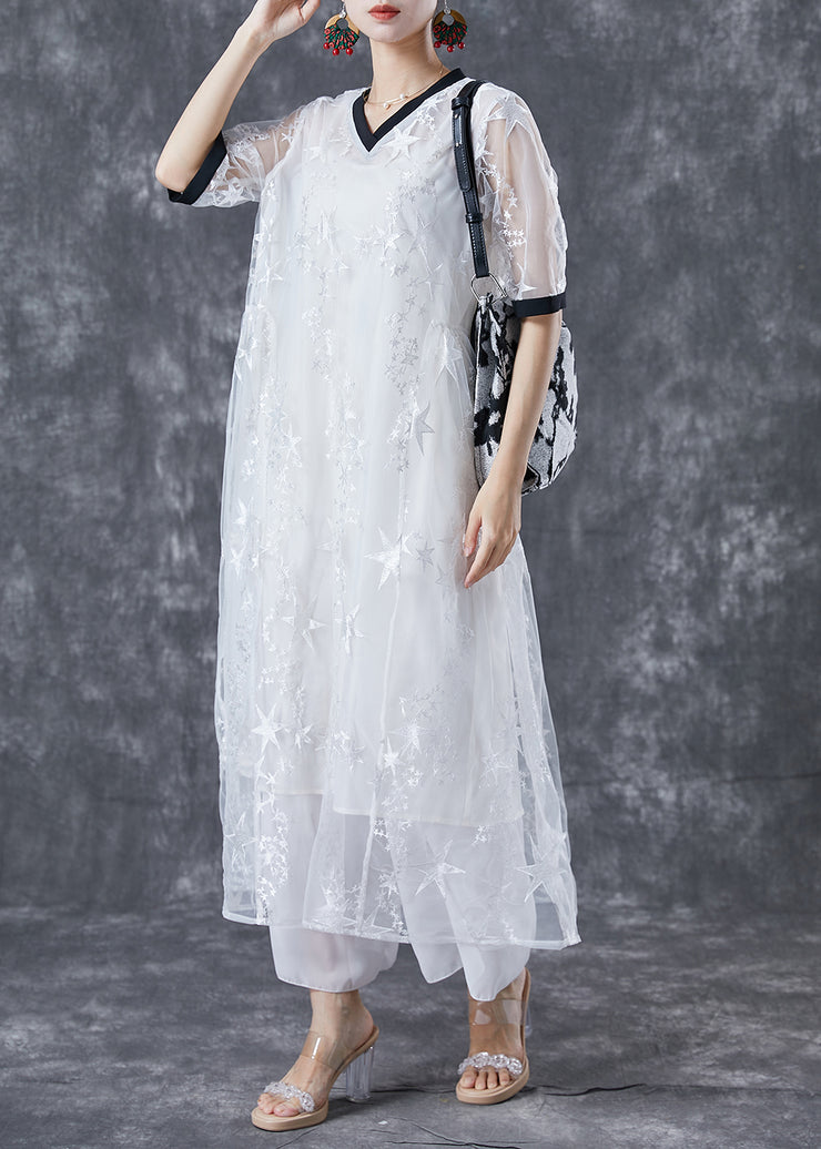 Bohemian White Hollow Out Patchwork Star Print Tulle Maxi Dress Summer