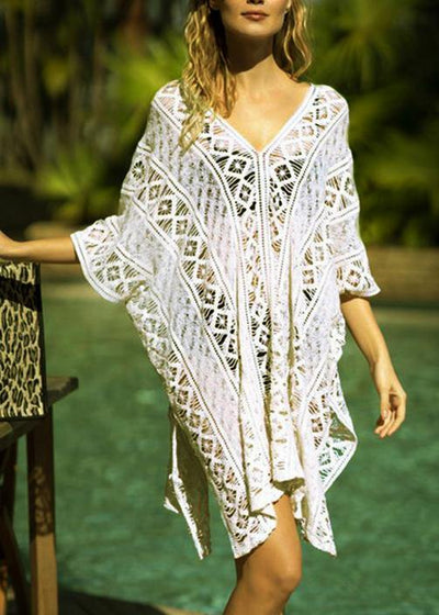 Bohemian White Hollow Out side open Beach Gown Mid Summer Cotton Dress - SooLinen