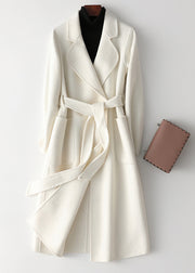 Bohemian White Notched Tie Waist Woolen Long Coats Fall
