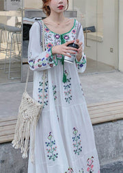 Bohemian White O-Neck Embroidered Floral Cotton Holiday Dresses Long Sleeve
