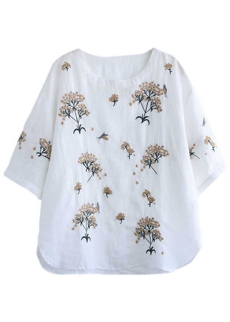 Bohemian White O-Neck Embroideried Floral Summer Linen Tops Half Sleeve - SooLinen