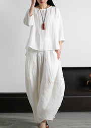 Bohemian White O-Neck Linen Tops And Harm Pants Two Pieces Set Three Quarter sleeve