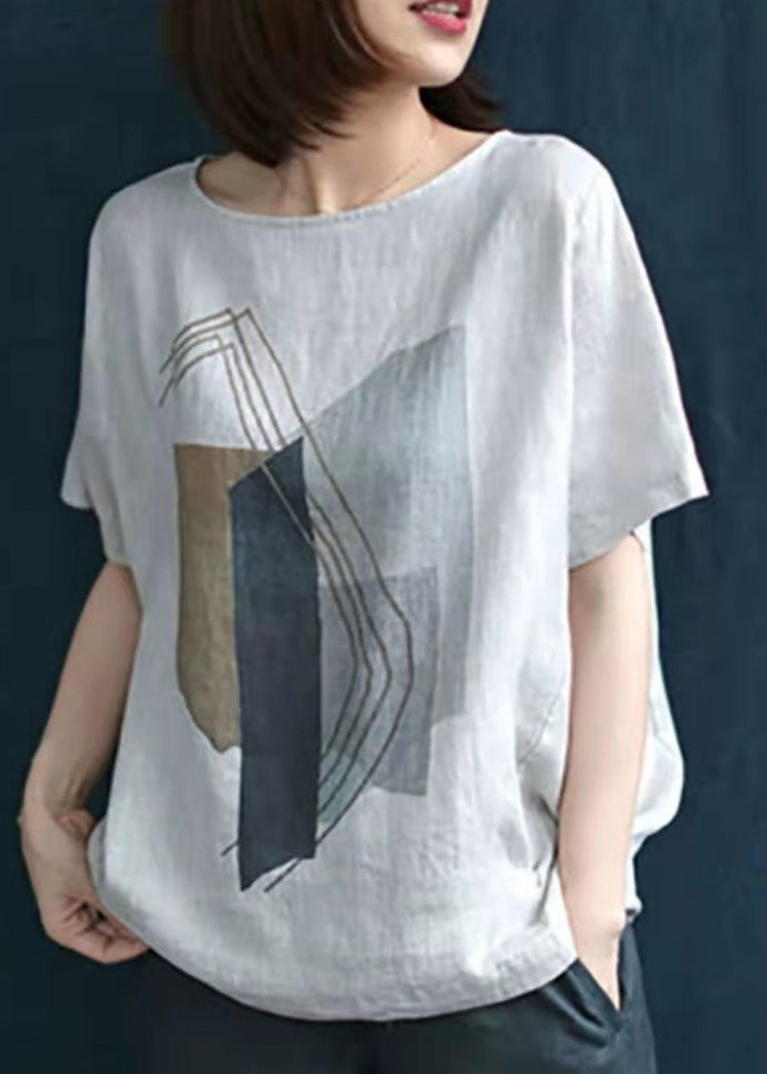 Bohemian White O-Neck Print Linen Blouse Tops Short Sleeve