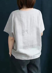 Bohemian White O-Neck Print Linen Blouse Tops Short Sleeve