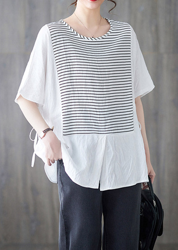 Bohemian White O-Neck Striped Patchwork Cotton Shirt Short Sleeve