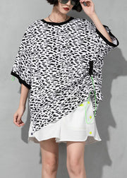 Bohemian White O-Neck drawstring Leopard Cotton T Shirt Short Sleeve
