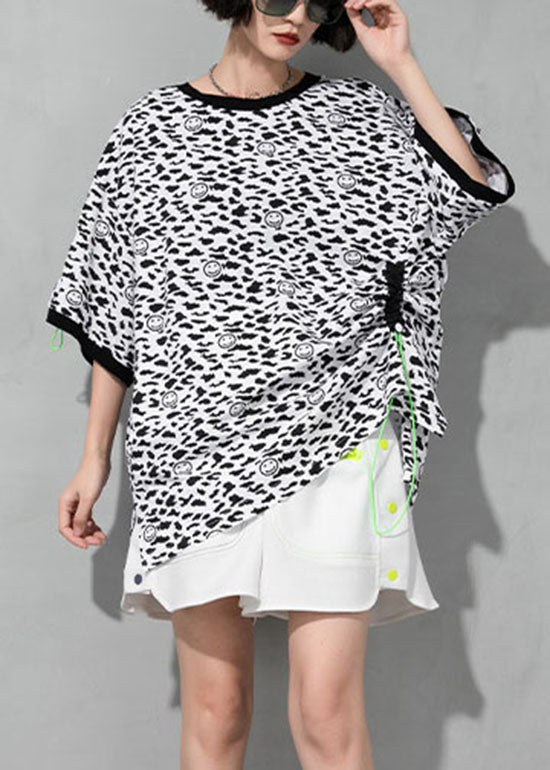 Bohemian White O-Neck drawstring Leopard Cotton T Shirt Short Sleeve