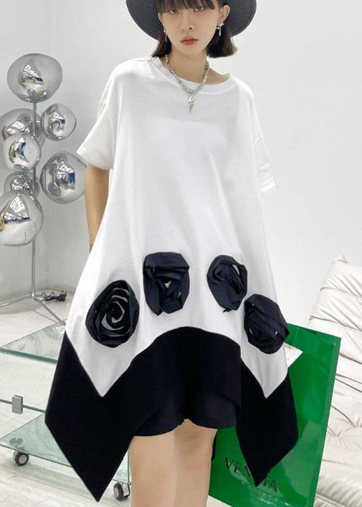 Bohemian White Patchwork asymmetrical design Summer Cotton Mini Dress - SooLinen