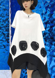 Bohemian White Patchwork asymmetrical design Summer Cotton Mini Dress - SooLinen