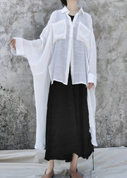 Bohemian White Bubikragen Asymmetrisches Design Baumwollhemd Fledermausärmel