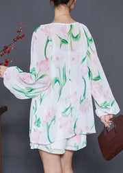 Bohemian White Print Lace Up Chiffon Two Piece Set Outfits Summer