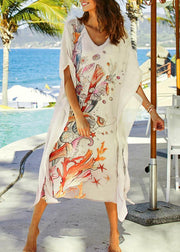 Bohemian White Print V Neck Beach long smock Vacation Summer Chiffon Dress - SooLinen