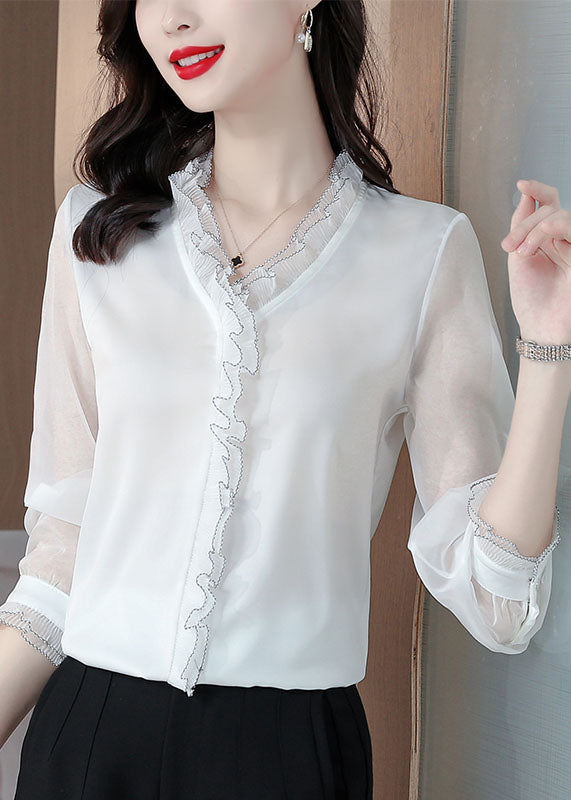 Bohemian White Ruffled Patchwork Silk Blouses Long sleeve