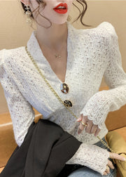 Bohemian White Sequins V Neck Lace Tops Spring