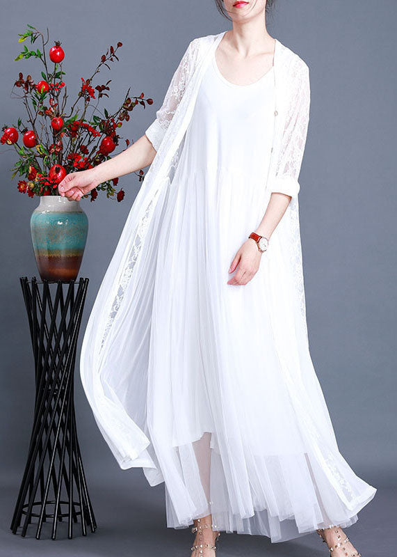 Bohemian White Solid Hollow Out Lace Long Cardigans Long Sleeve