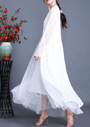 Bohemian White Solid Hollow Out Lace Long Cardigans Long Sleeve