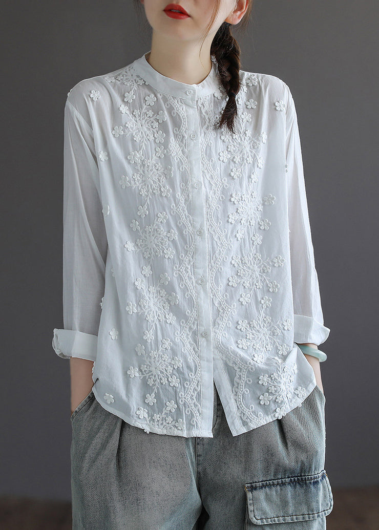 Bohemian White Stand Collar Embroidered Floral Button Solid Cotton Shirt Long Sleeve